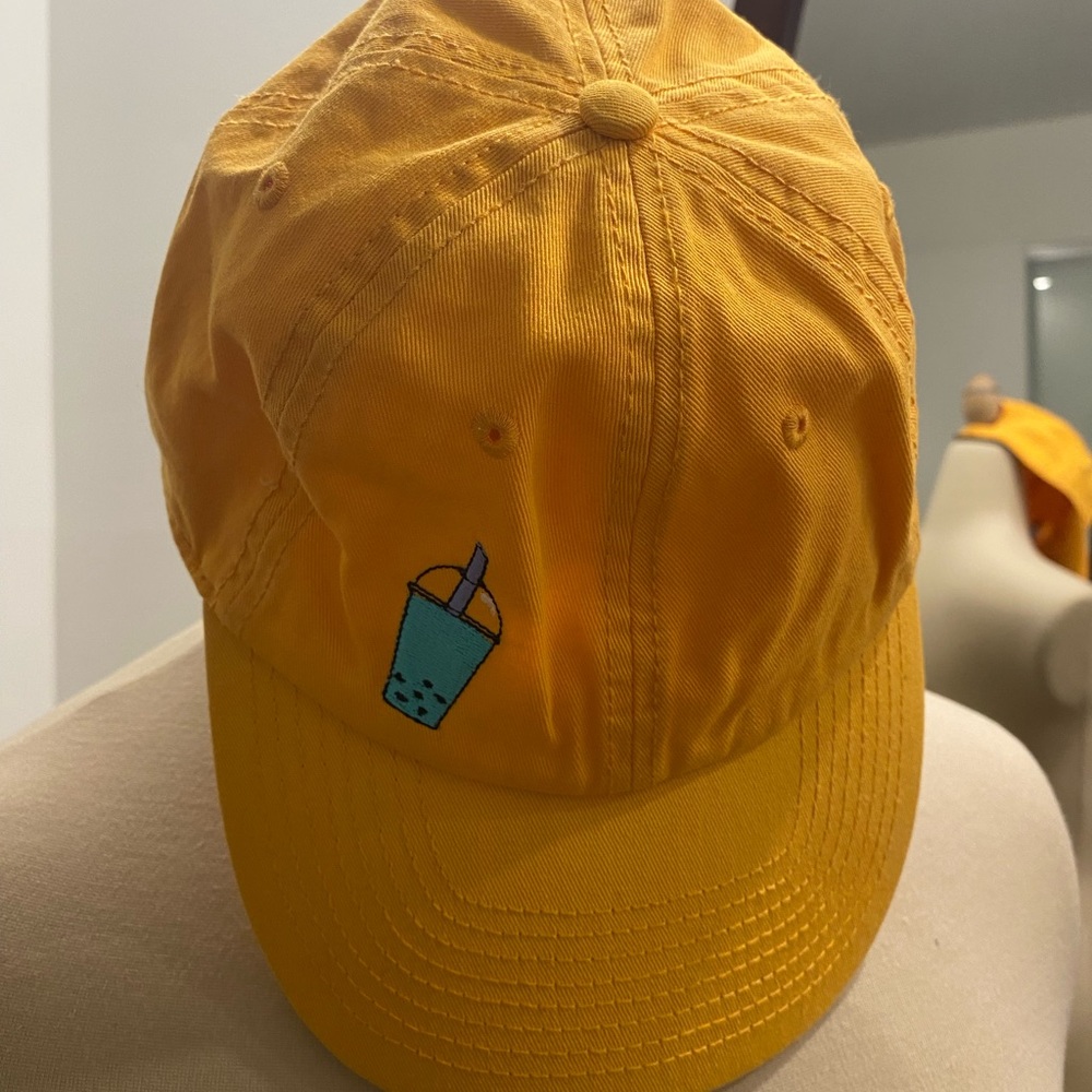 Cute Yellow Cap with Bubble Tea Embroidery